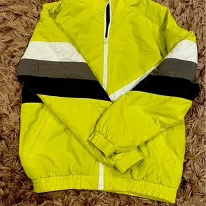 Xtra small unisex jacket. Green with white, black, grey stripes on the arms